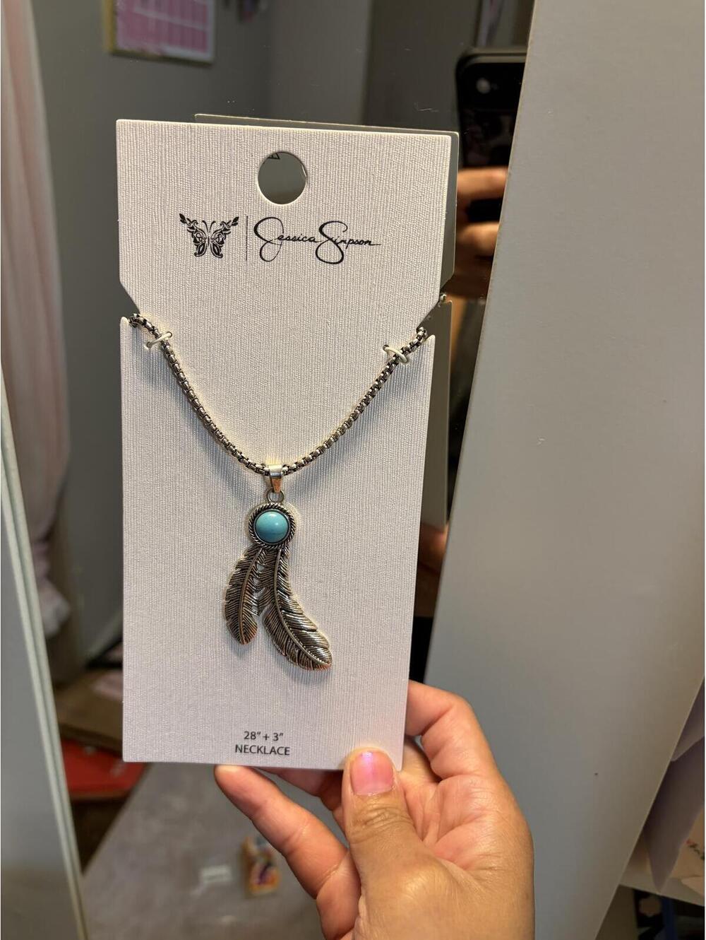Jessica Simpson Faux Turquoise Stone Feather Necklace, Silver Tone, 28" +3"